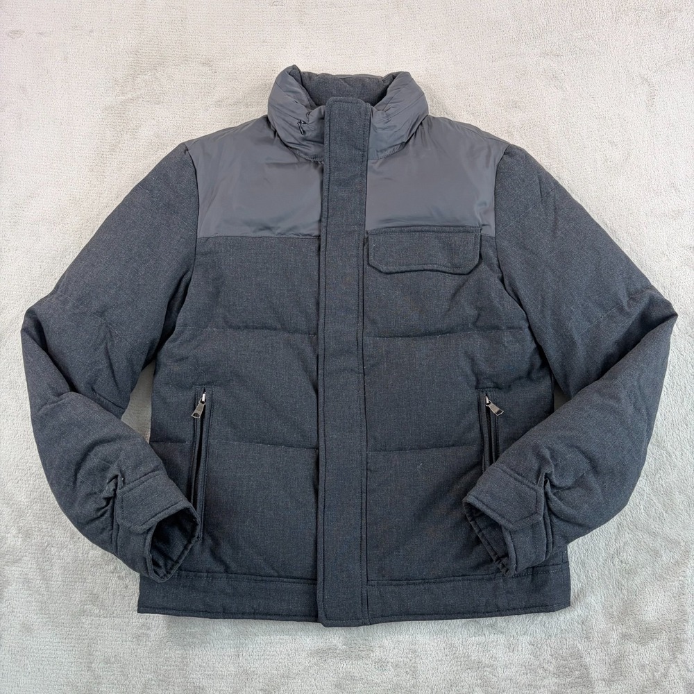Banana Republic Down Puffer Jacket‎ Men Small Grey Wool Blend Hidden Hood Zip Up